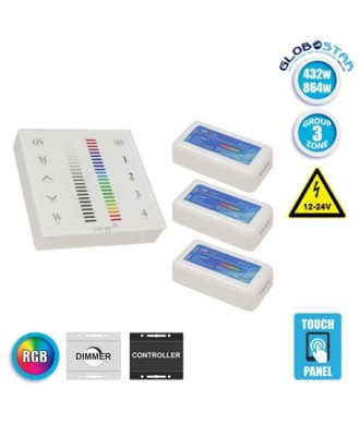 Ασύρματος LED RGB Controller με Χειριστήριο Τοίχου Αφής 2.4G RF 12v (432w) - 24v (864w) DC για Τρία Group GloboStar 04053